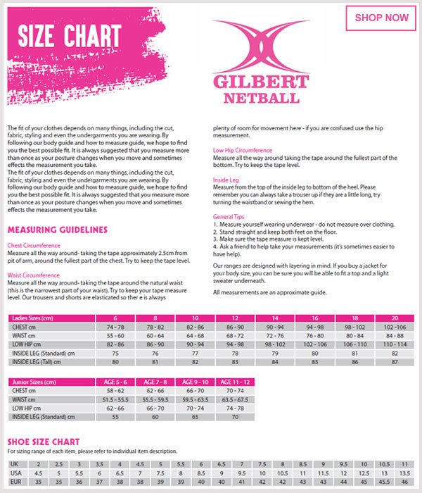 Gilbert Netball Size Chart